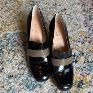 Franco Sarto Black Patent Heels with Taupe Band